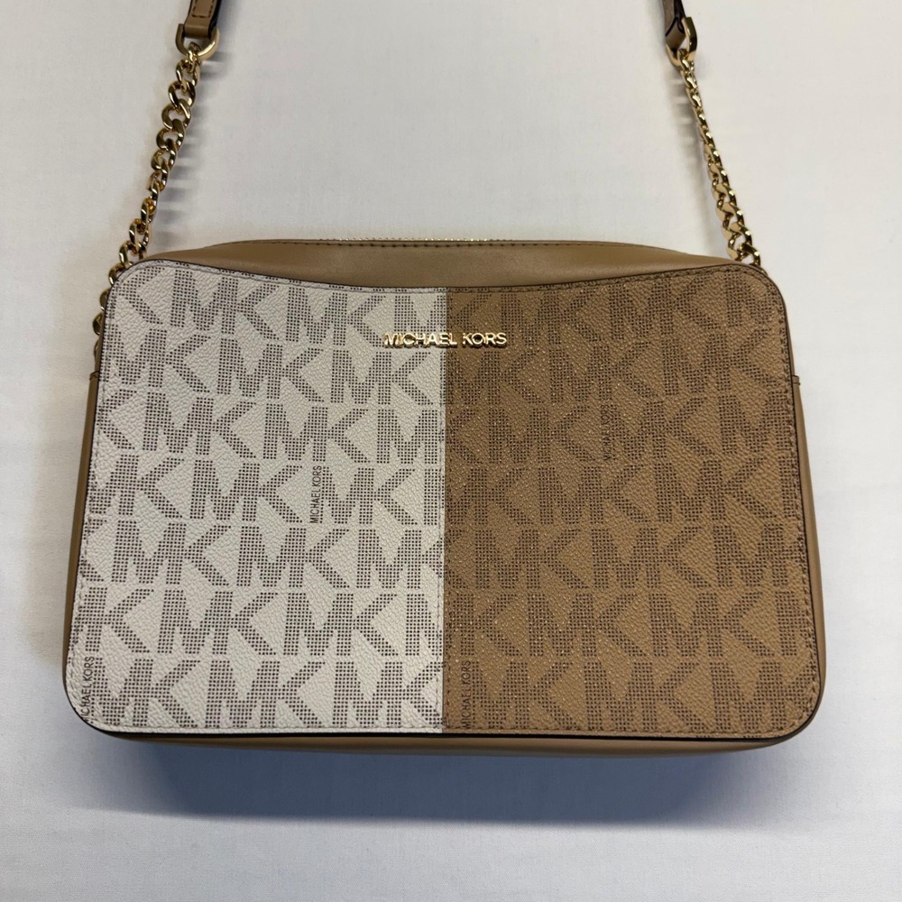 Michael Kors Neutral Colorblock MK Logo Crossbody Chain Purse Vanilla Camel - Picture 3 of 11